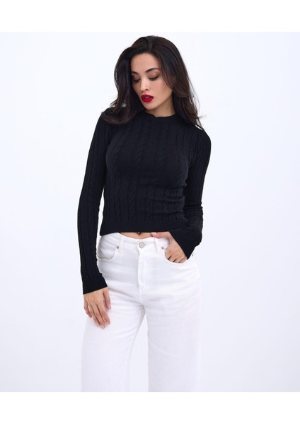 42491 Triko Saç Örgü Crop Kazak-Siyah fırsatları