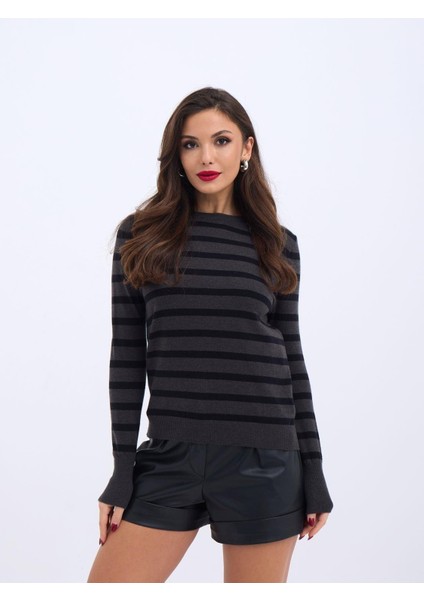 42271 Triko Çizgili Salaş Kazak-Antrasit-Siyah