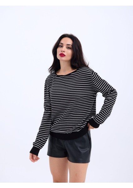 4215 Triko Çizgili Salaş Kazak-Siyah-Ekru fiyatları