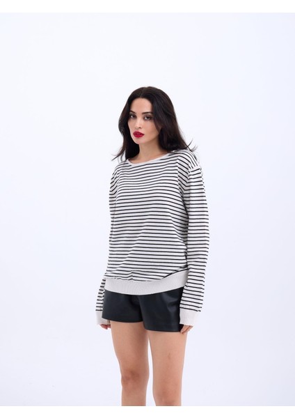 4215 Triko Çizgili Salaş Kazak-Ekru-Siyah