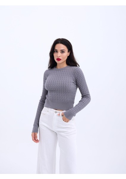 4211 Triko Saç Örgü Kazak-Gri