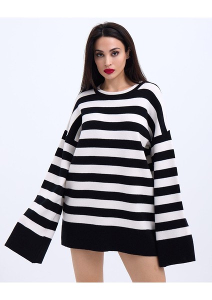 42291 Triko Çizgili Salaş Kazak-Siyah-Ekru