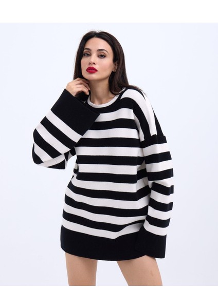 42291 Triko Çizgili Salaş Kazak-Siyah-Ekru fiyatları