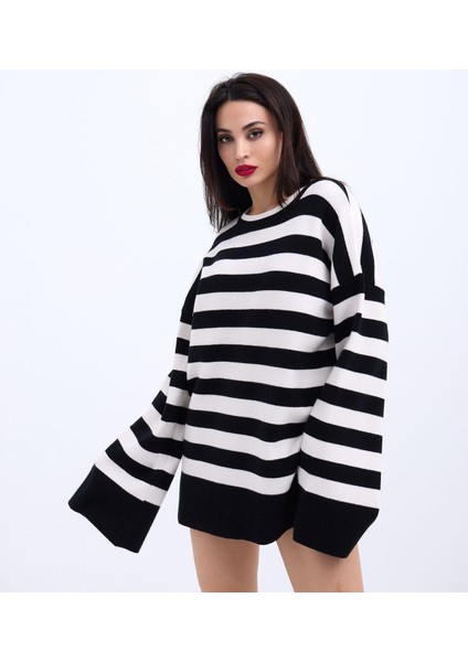 42291 Triko Çizgili Salaş Kazak-Siyah-Ekru fırsatları