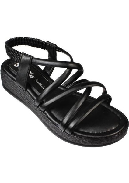 Yazkış Kadın Siyah Ten Üzeri Bant Atkılı 4cm Kalın Taban Arkası Lastikli Sandalet