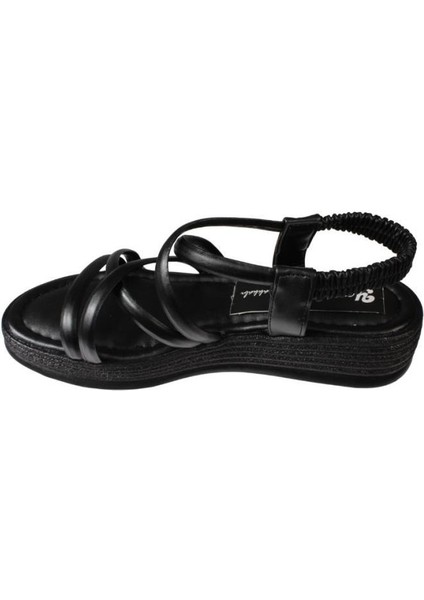 Yazkış Kadın Siyah Ten Üzeri Bant Atkılı 4cm Kalın Taban Arkası Lastikli Sandalet modelleri