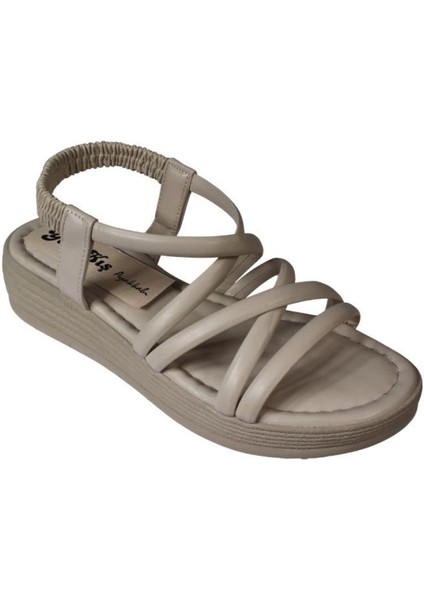 Yazkış Kadın Siyah Ten Üzeri Bant Atkılı 4cm Kalın Taban Arkası Lastikli Sandalet