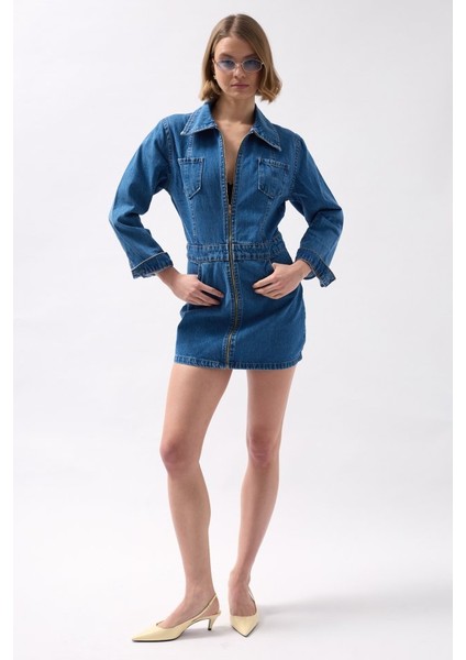 Cep Detaylı Fermuarlı Denim Elbise