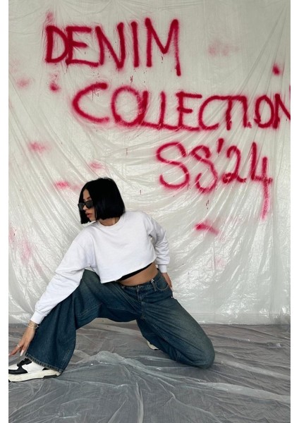 Lacivert Geniş Paça Jeans Pantolon