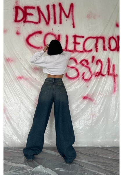 Lacivert Geniş Paça Jeans Pantolon