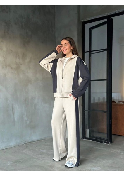 Osy Modal Yumuşak Dokulu Kumaş Kapüşonlu Fermuarlı Takım - Bej modelleri