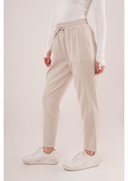 Bağlama Detaylı Cepli Krem Pantolon modelleri