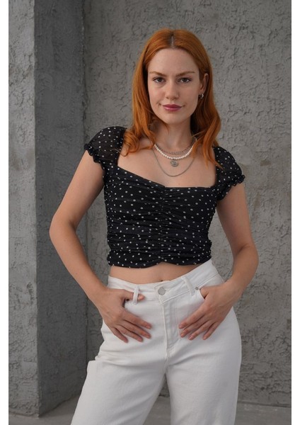 Puantiyeli Belden Oturtmalı Tül Siyah Bluz indirimleri