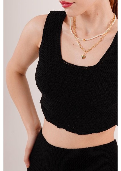 Örme Detaylı Etek ve Bluz Siyah Takım