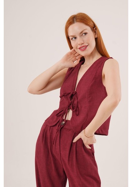Ön Bağlama Detaylı Yelek ve Pantolon Bordo Ikili Takım
