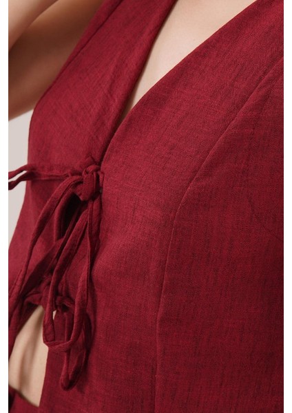 Ön Bağlama Detaylı Yelek ve Pantolon Bordo Ikili Takım