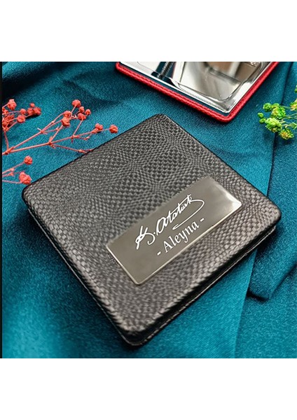 Kişiye Özel Isimli Atatürk Imza Baskılı Plaka Deri Ayna Çanta, Cep ve Makyaj Aynası