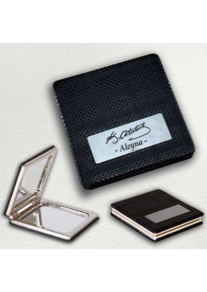 Kişiye Özel Isimli Atatürk Imza Baskılı Plaka Deri Ayna Çanta, Cep ve Makyaj Aynası modelleri
