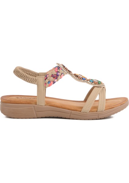 Bej Deri Taş Işlemeli Hafif Kadın Sandalet B096 Z