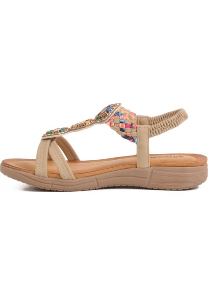 Bej Deri Taş Işlemeli Hafif Kadın Sandalet B096 Z fiyatları