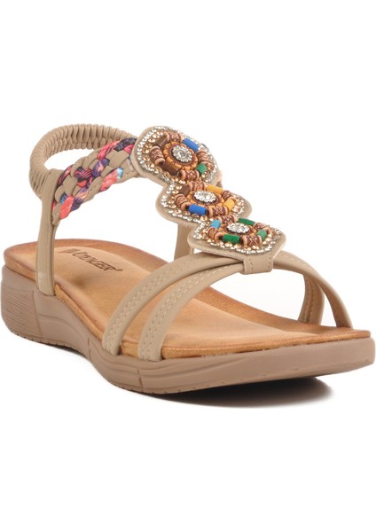 Bej Deri Taş Işlemeli Hafif Kadın Sandalet B096 Z modelleri