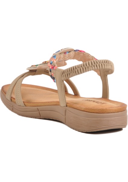Bej Deri Taş Işlemeli Hafif Kadın Sandalet B096 Z fırsatları