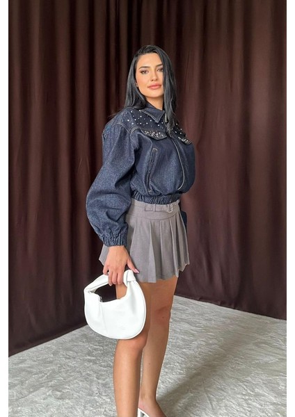 Mavi Taşlı Kısa Kot Ceket