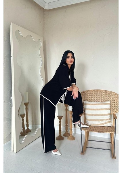 Siyah Biye Detaylı Keten Takım