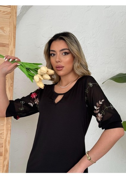 Kadın Fakir Kol Çiçek Desenli Tül Kol Bisiklet Yaka Çiçek Desen Sandy Salaş Kısa Elbise