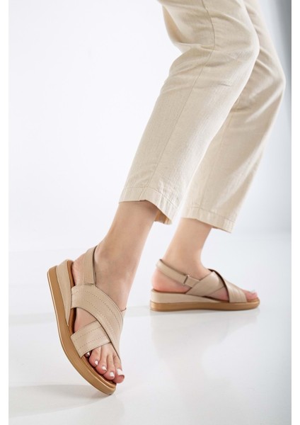 Kadın Deri Arkası Cırtlı Sandalet - Taba fiyatları