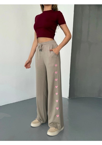 Osy Modal Yumuşak Dokulu Kumaş Nakış Işlemeli Rahat Bol Paça Eşofman Pantalon - Bej