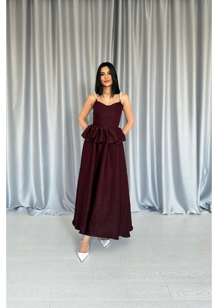 Bordo Beli Büzgülü Inci Askılı Uzun Elbise
