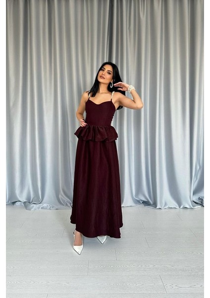 Bordo Beli Büzgülü Inci Askılı Uzun Elbise