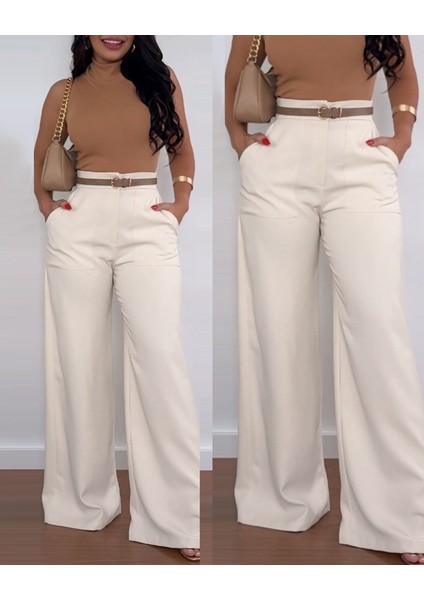 Kadın Yüksek Bel Geniş Paça Detaylı Cepli Ithal Krep Pantolon