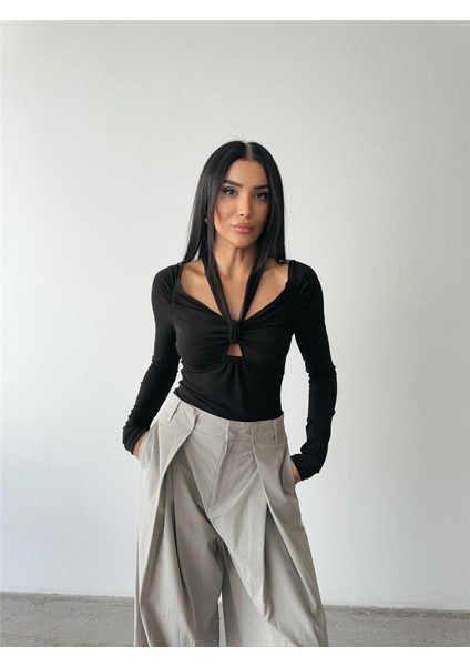 Sandy Bodysuit Önden Bağlama Detaylı - Siyah