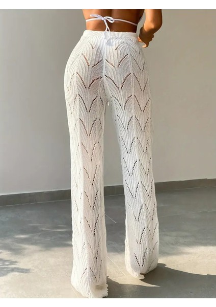 Kadın Yüksek Bel Bağcıklı Desenli Triko Plaj Pantolon