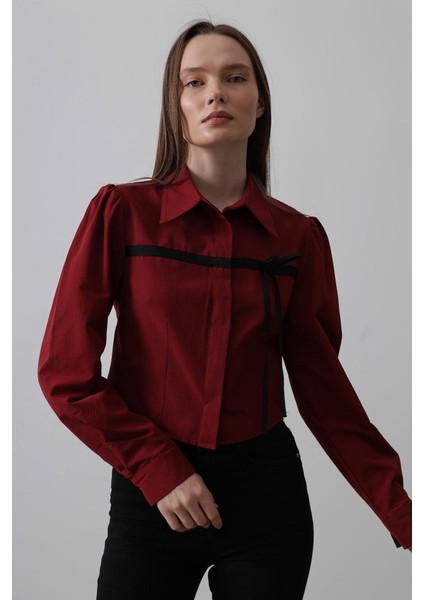 Önü Kontrast Fiyonklu Gömlek - Bordo modelleri