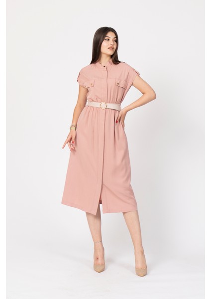 Zarafetin Gücü Hakim Yaka Kemerli ve Full Düğmeli Uzun Elbise 50311