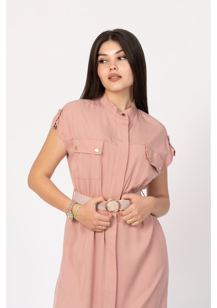 Zarafetin Gücü Hakim Yaka Kemerli ve Full Düğmeli Uzun Elbise 50311 fiyatları