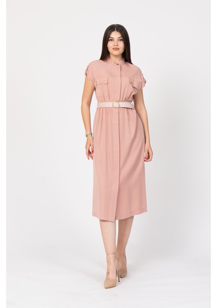 Zarafetin Gücü Hakim Yaka Kemerli ve Full Düğmeli Uzun Elbise 50311 modelleri