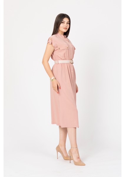 Zarafetin Gücü Hakim Yaka Kemerli ve Full Düğmeli Uzun Elbise 50311 indirimleri