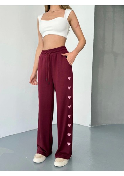 Osy Modal Yumuşak Dokulu Kumaş Nakış Işlemeli Rahat Bol Paça Eşofman Pantalon - Bordo