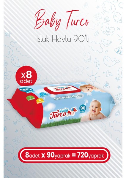 Islak Bebek Havlusu 90' Lı x 8 Adet (720 Yaprak)