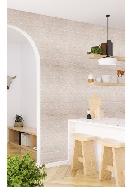 Kendinden Yapışkanlı 3D Kabartmalı Pvc Duvar Paneli Beyaz Huş Kareli Desen 41x41 cm/ 6 Adet /1 M²