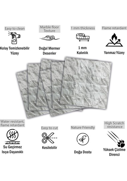 Kendinden Yapışkanlı 3D Kabartmalı Pvc Duvar Paneli Mermer Kareli Desen 41x41 cm/ 6 Adet /1 m²