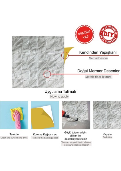 Kendinden Yapışkanlı 3D Kabartmalı Pvc Duvar Paneli Mermer Kareli Desen 41x41 cm/ 6 Adet /1 m²