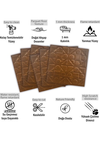 Kendinden Yapışkanlı 3D Kabartmalı Altın Meşe Kareli Desen Pvc Duvar Panel 41X41 Cm/ 6 Adet /1 M²