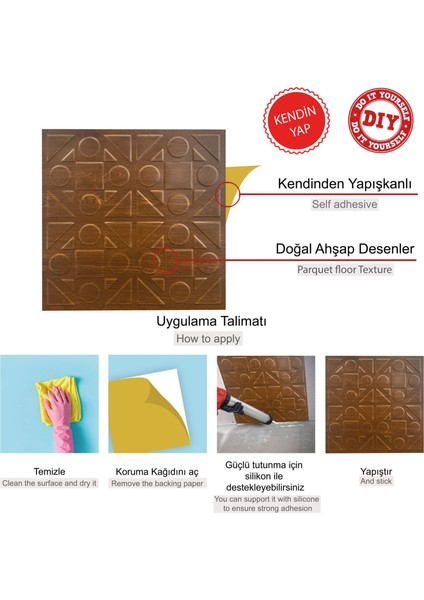 Kendinden Yapışkanlı 3D Kabartmalı Altın Meşe Kareli Desen Pvc Duvar Panel 41X41 Cm/ 6 Adet /1 M²