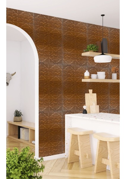 Kendinden Yapışkanlı 3D Kabartmalı Altın Meşe Kareli Desen Pvc Duvar Panel 41X41 Cm/ 6 Adet /1 M²