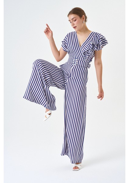 Fırfır Detaylı Bluz ve Bol Paça Pantolon Çizgili Kemerli Tulum fiyatları